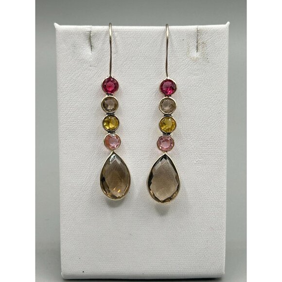 Sterling Silver Dangles Earrings Colorful Open Back Bezel Set Pastel Gemstones - Picture 2 of 7